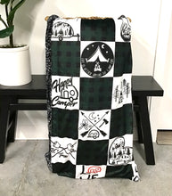 Load image into Gallery viewer, Dark Green Camping Patchwork Adult Blanket *READY TO SHIP*
