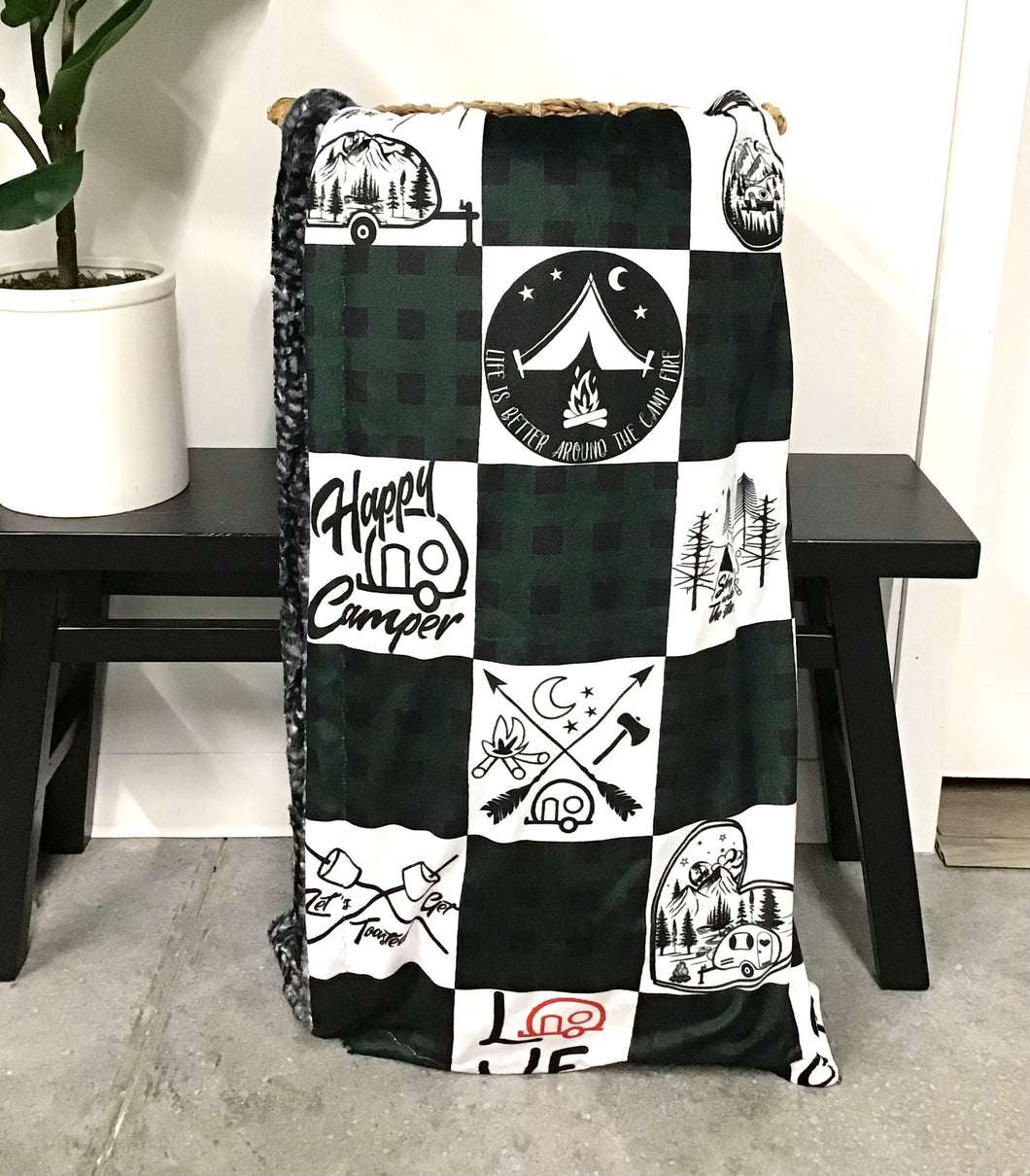 Dark Green Camping Patchwork Adult Blanket *READY TO SHIP*