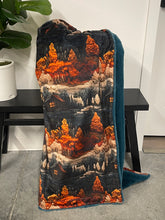 Load image into Gallery viewer, Embroidered Cabins Rust/Teal Adult Blanket *READY TO SHIP*
