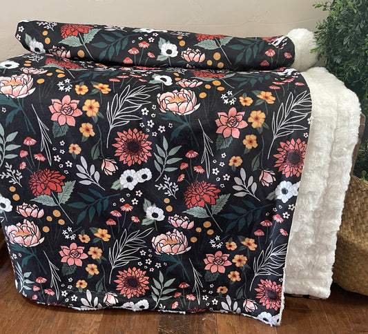 Black Floral Print Minky Blanket *PREORDER*