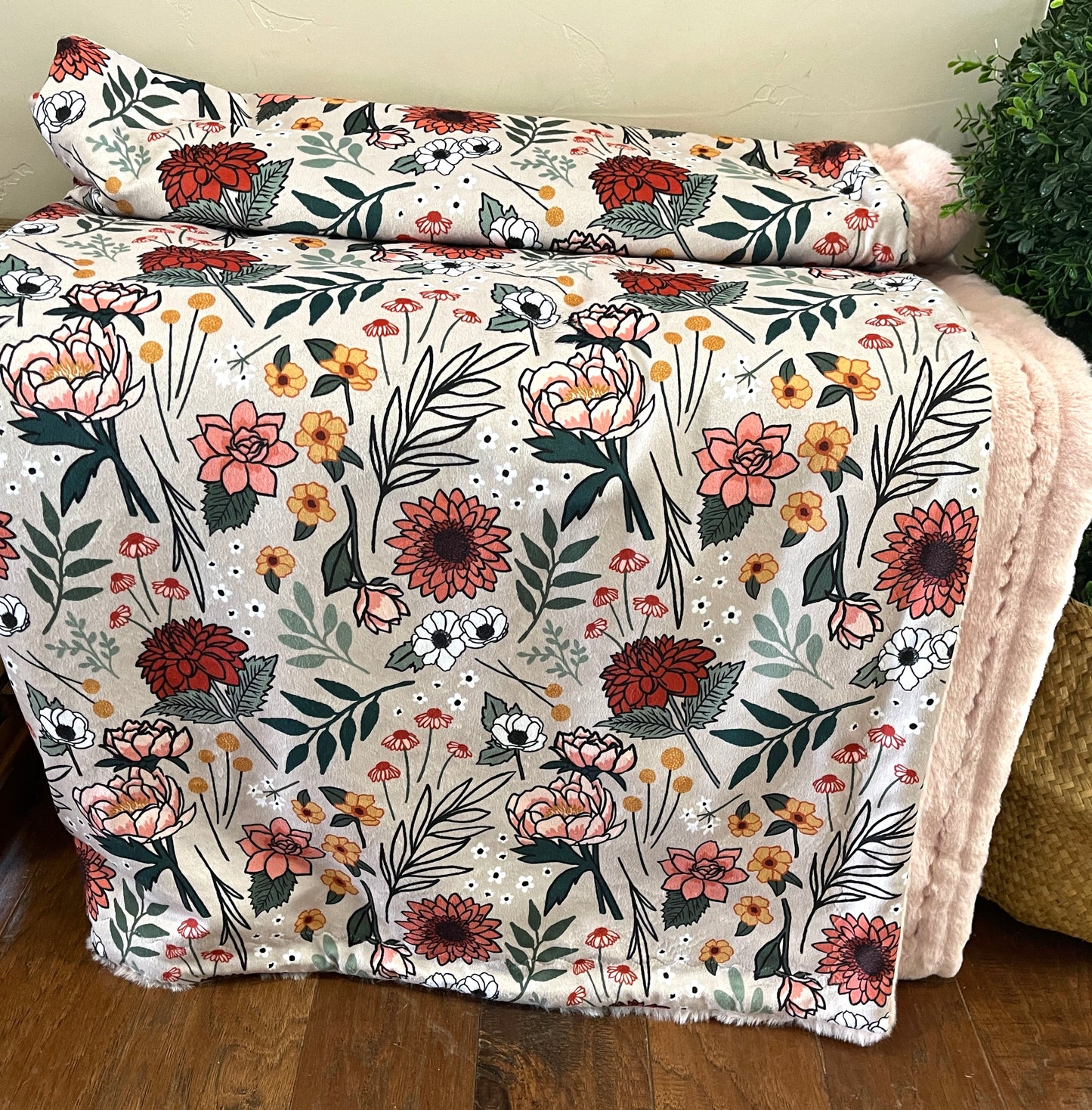 Greige Floral Print Minky Blanket *PREORDER*