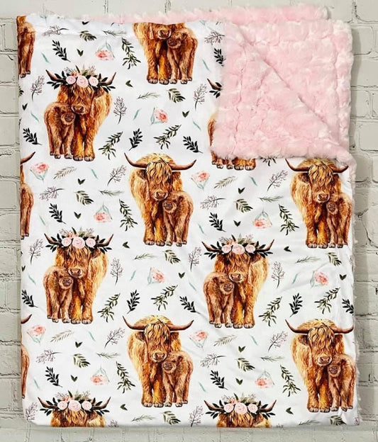 Pink Highland Cow Mama & Baby Minky Blanket *PREORDER*